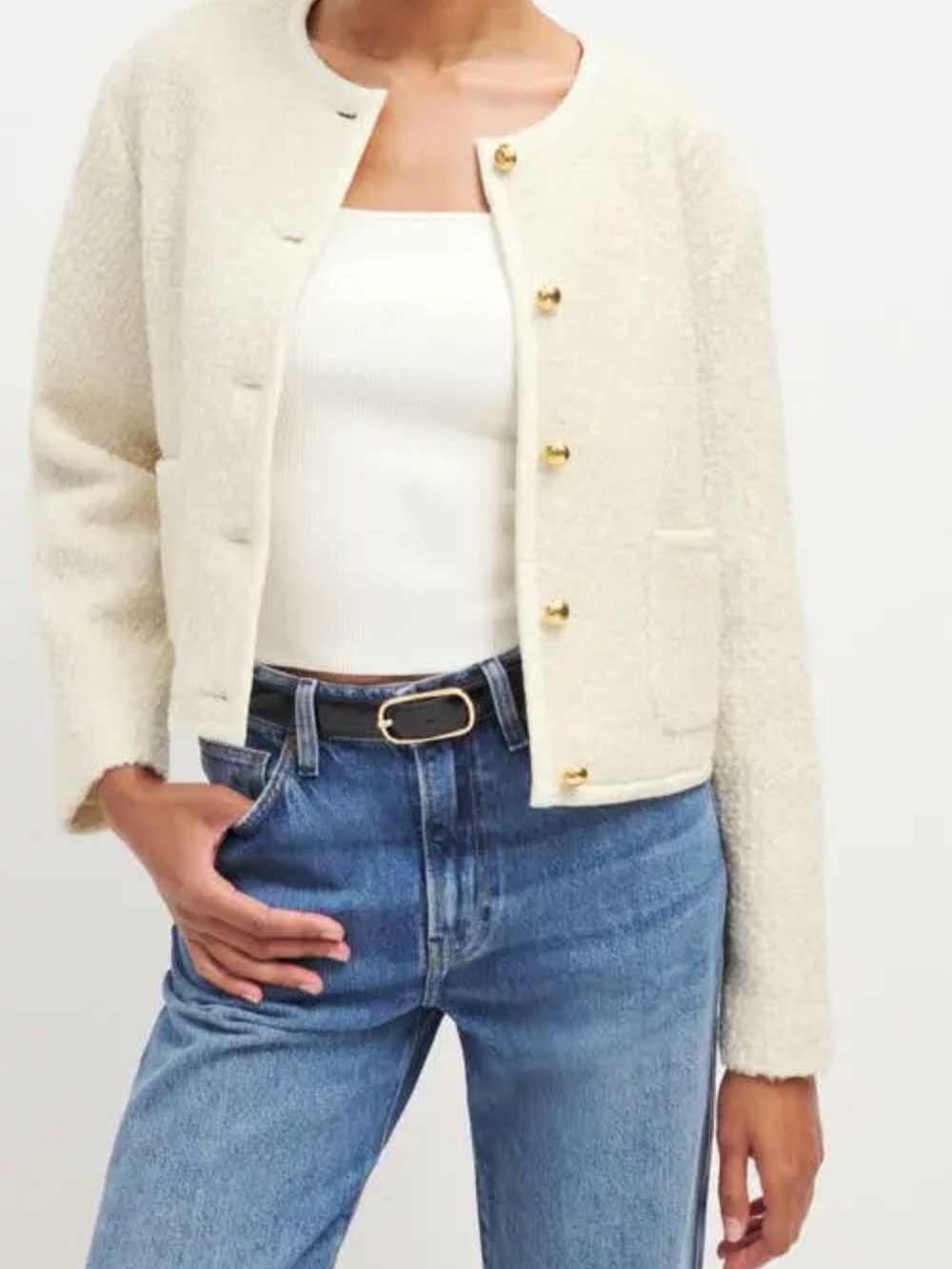 Reformation Dale Cropped Jacket with Gold Buttons size L Cream